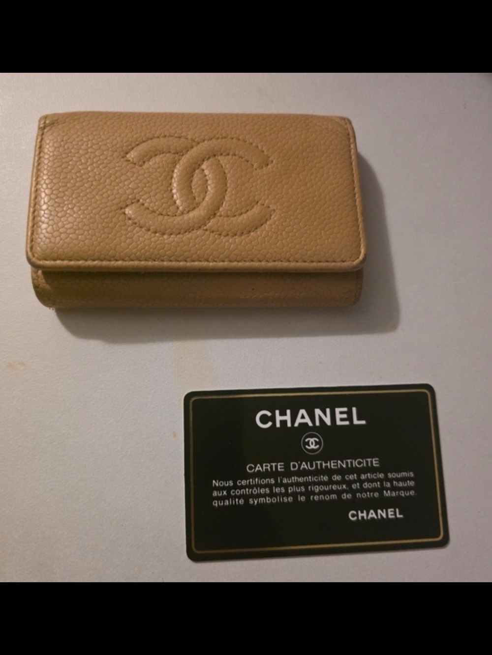CHANEL Beige Caviar Leather Card / KEY  Case with Quilted CC